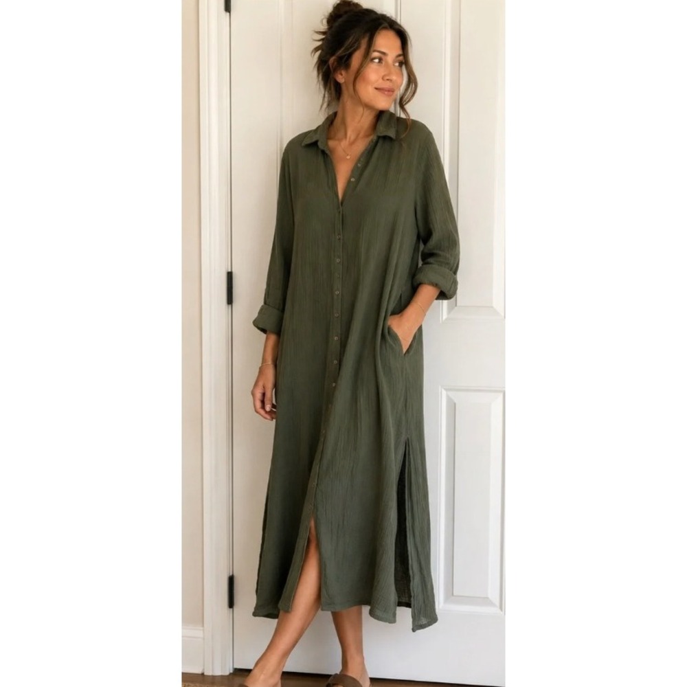NATURAL LIFE The Drew Maxi Shirt Long Sleeve Dress Olive Green Gauze Cotton